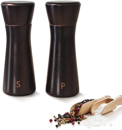 Dark Brown Wooden Salt Pepper Grinder Set - Adjustable Coarseness Ceramic 2-Pack