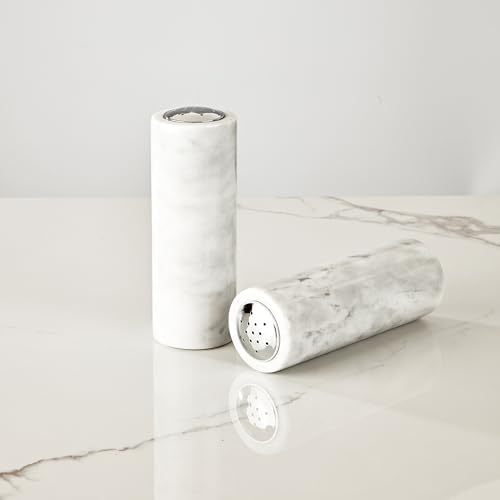 White Marble Salt Pepper Shaker Grey Veining Stainless Steel 22x22x6H