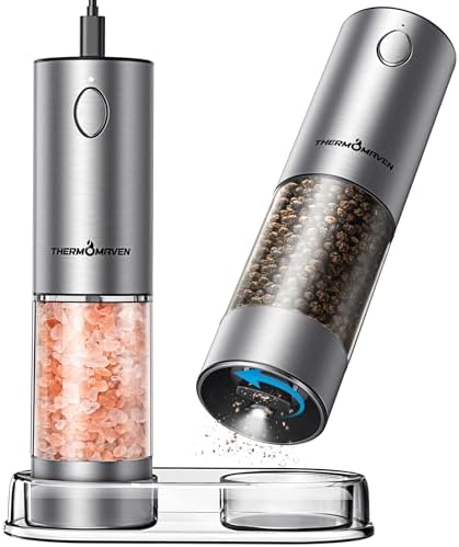 ThermoMaven Electric Salt Pepper Grinder Set 2 Packs Silver
