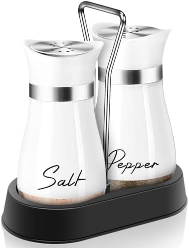 White Salt Pepper Shakers Set with Holder