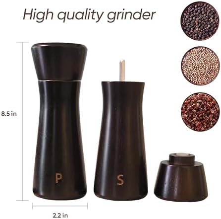Dark Brown Wooden Salt Pepper Grinder Set - Adjustable Coarseness Ceramic 2-Pack