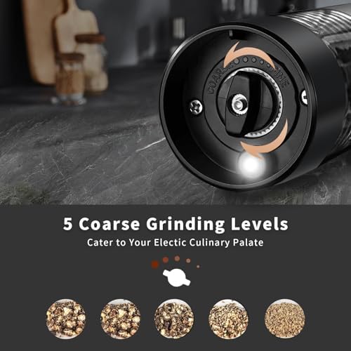 Haomacro Electric Salt Pepper Grinder Set with LED Light 5 Coarseness Levels Rechargeable