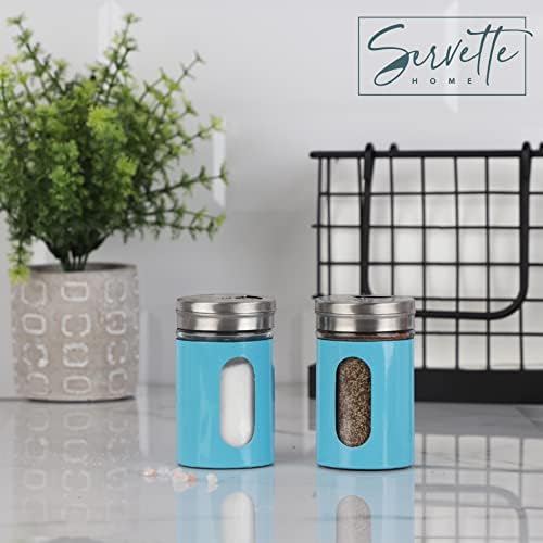 Aqua Salt Pepper Shakers Retro Spice Jars Glass - Set of 2