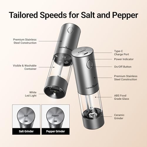 ThermoMaven Electric Salt Pepper Grinder Set 2 Packs Silver