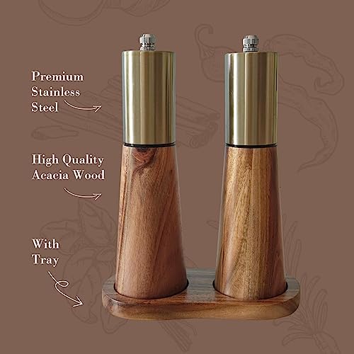 Gold and Acacia Wood Salt and Pepper Grinder Set