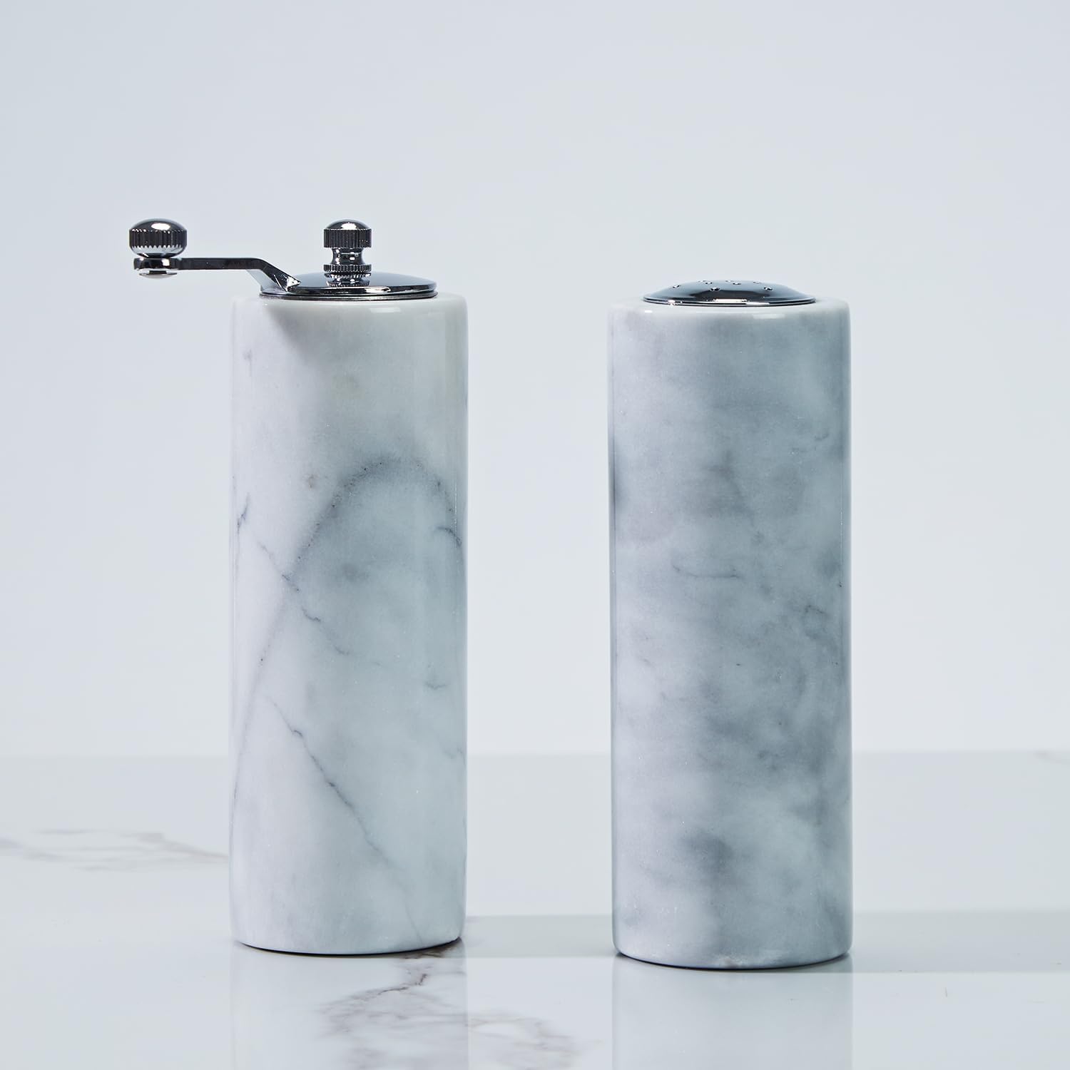 White Marble Salt Pepper Shaker Grey Veining Stainless Steel 22x22x6H