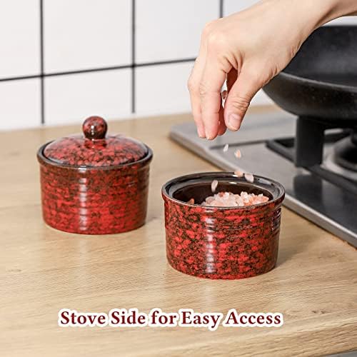 Hasense Salt Cellar Set of 2 Red Ceramic with Lid
