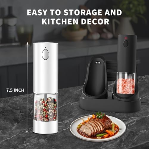 Haomacro Electric Salt Pepper Grinder Set with LED Light 5 Coarseness Levels Rechargeable