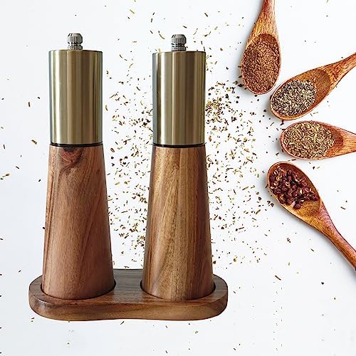 Gold and Acacia Wood Salt and Pepper Grinder Set