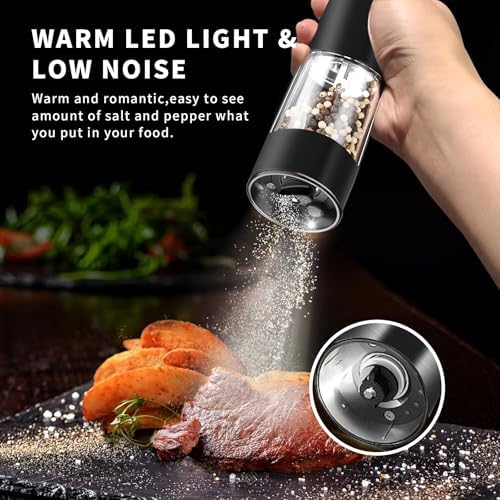Haomacro Electric Salt Pepper Grinder Set with LED Light 5 Coarseness Levels Rechargeable