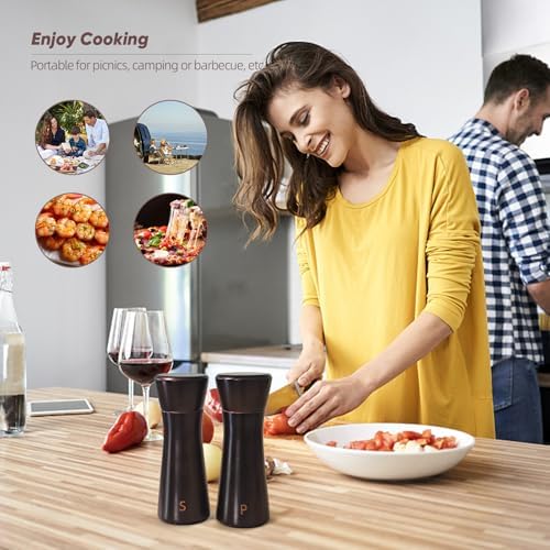 Dark Brown Wooden Salt Pepper Grinder Set - Adjustable Coarseness Ceramic 2-Pack