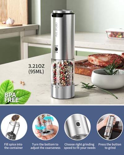 Stylish Stainless Steel Electric Pepper Grinder with Variable Speed White Light