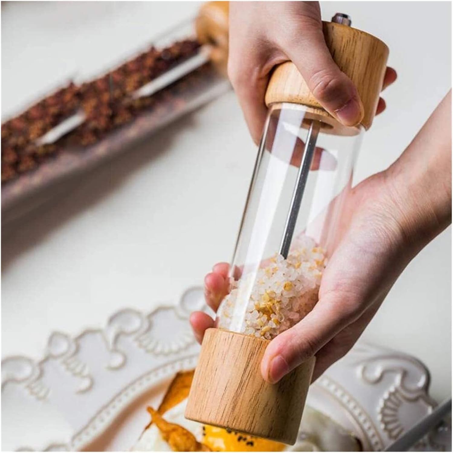 Professional Grade Wooden Salt Pepper Mill Set with Visible Window