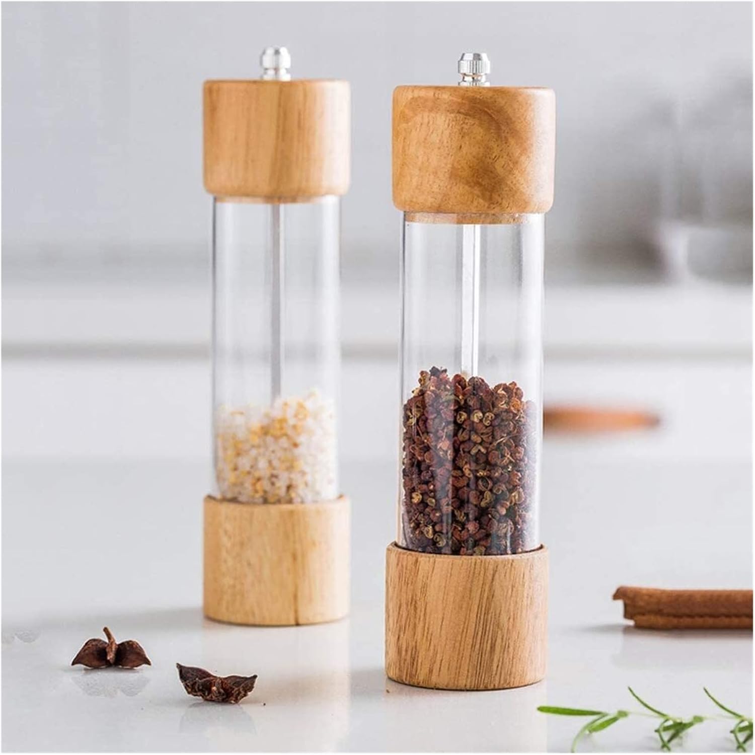 Professional Grade Wooden Salt Pepper Mill Set with Visible Window