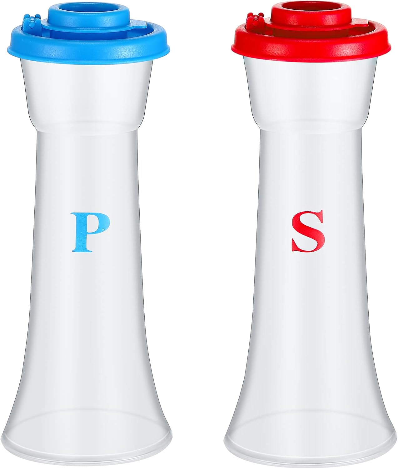 Set of 2 Hourglass Salt and Pepper Shakers with Lids Blue Red