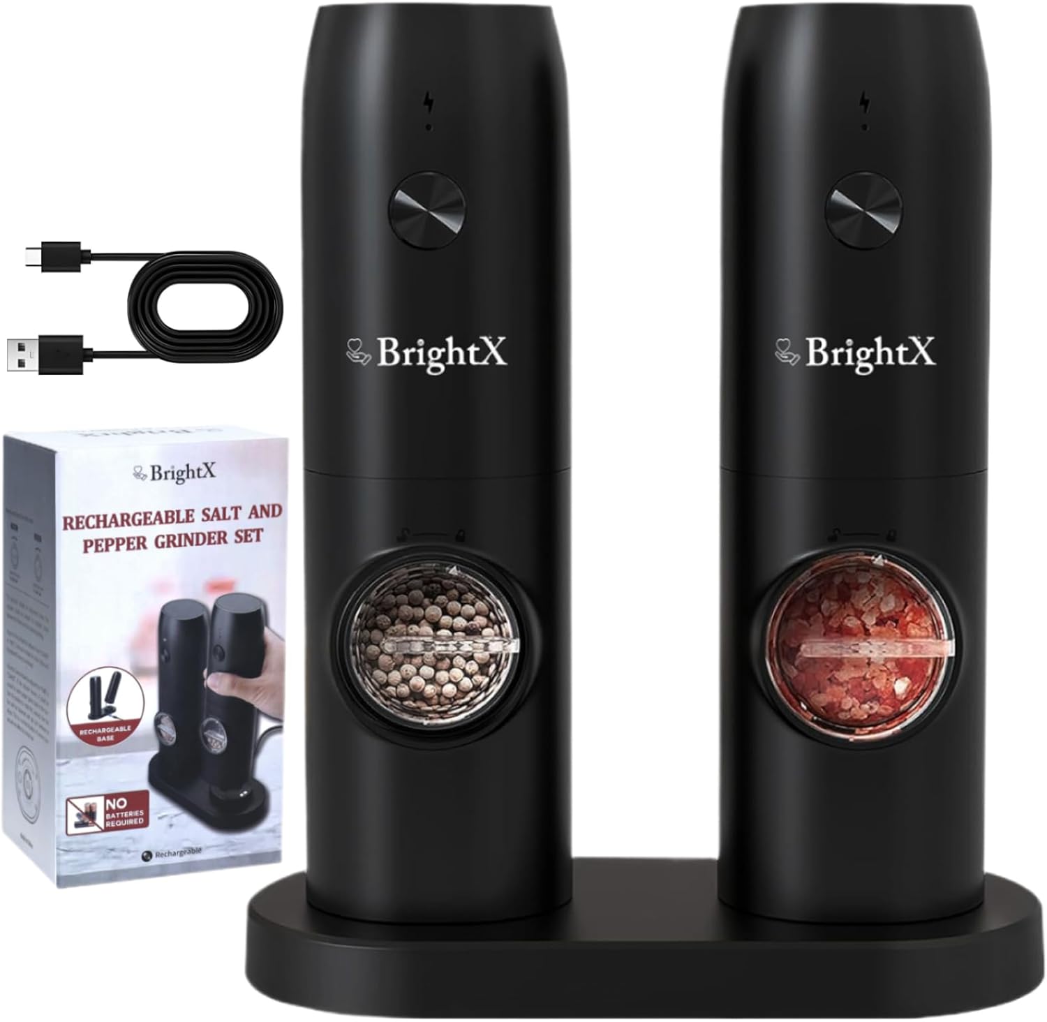 Premium Electric Salt and Pepper Grinder Set USB Rechargeable Automatic Spice Mills
