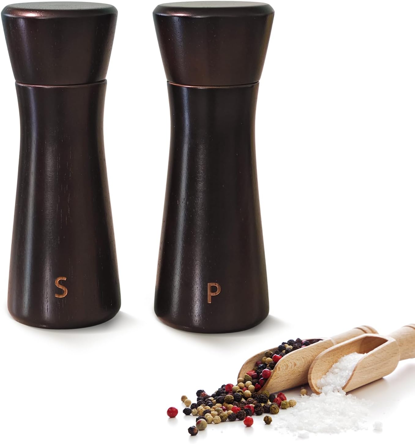 Dark Brown Wooden Salt Pepper Grinder Set - Adjustable Coarseness Ceramic 2-Pack