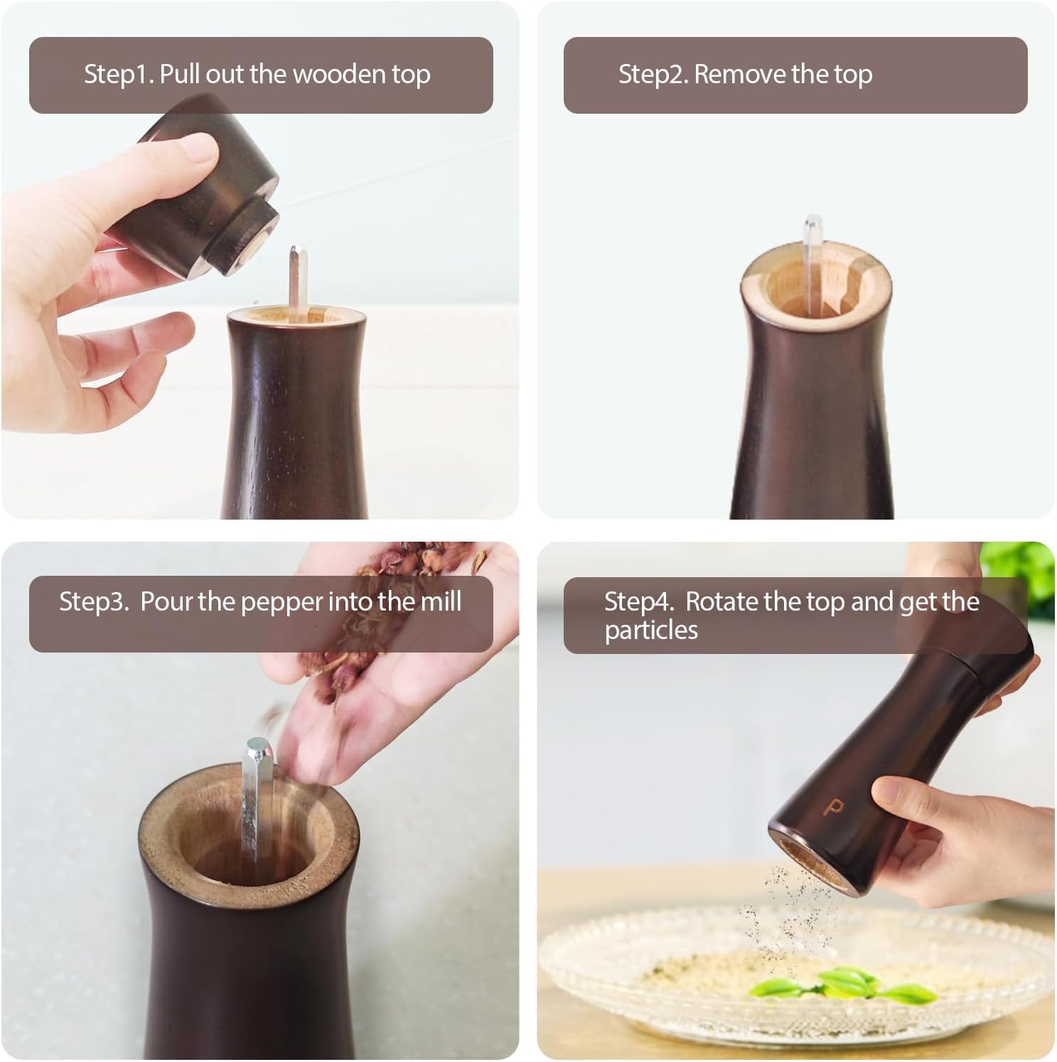 Dark Brown Wooden Salt Pepper Grinder Set - Adjustable Coarseness Ceramic 2-Pack