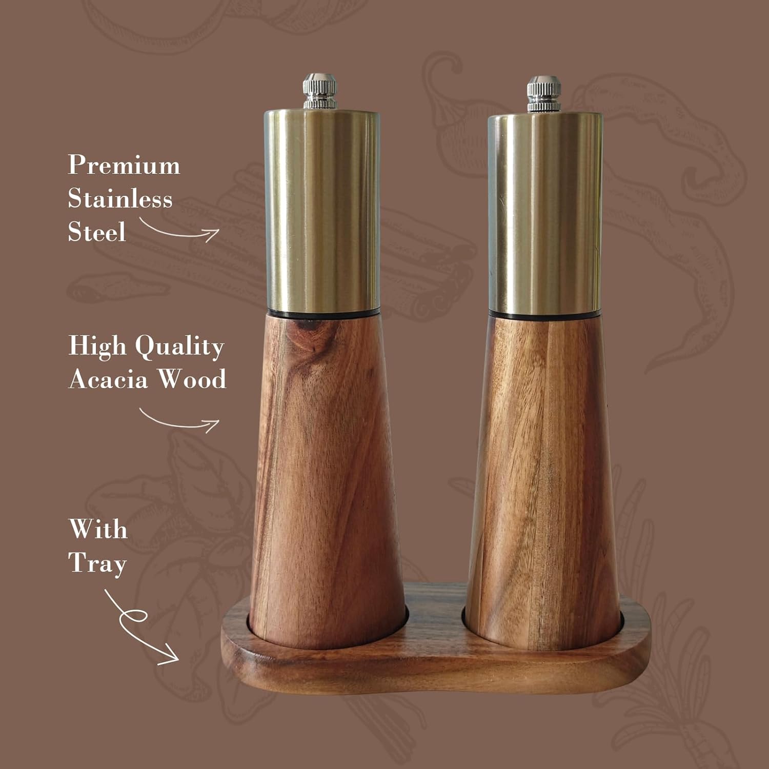 Gold and Acacia Wood Salt and Pepper Grinder Set