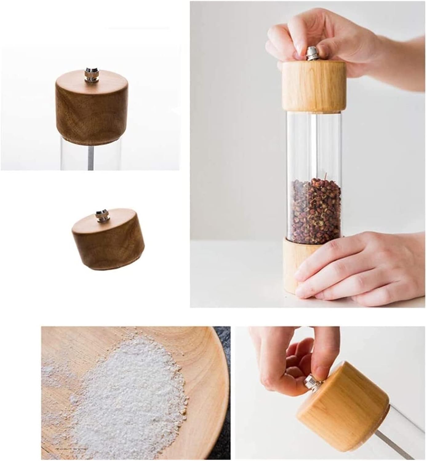 Professional Grade Wooden Salt Pepper Mill Set with Visible Window