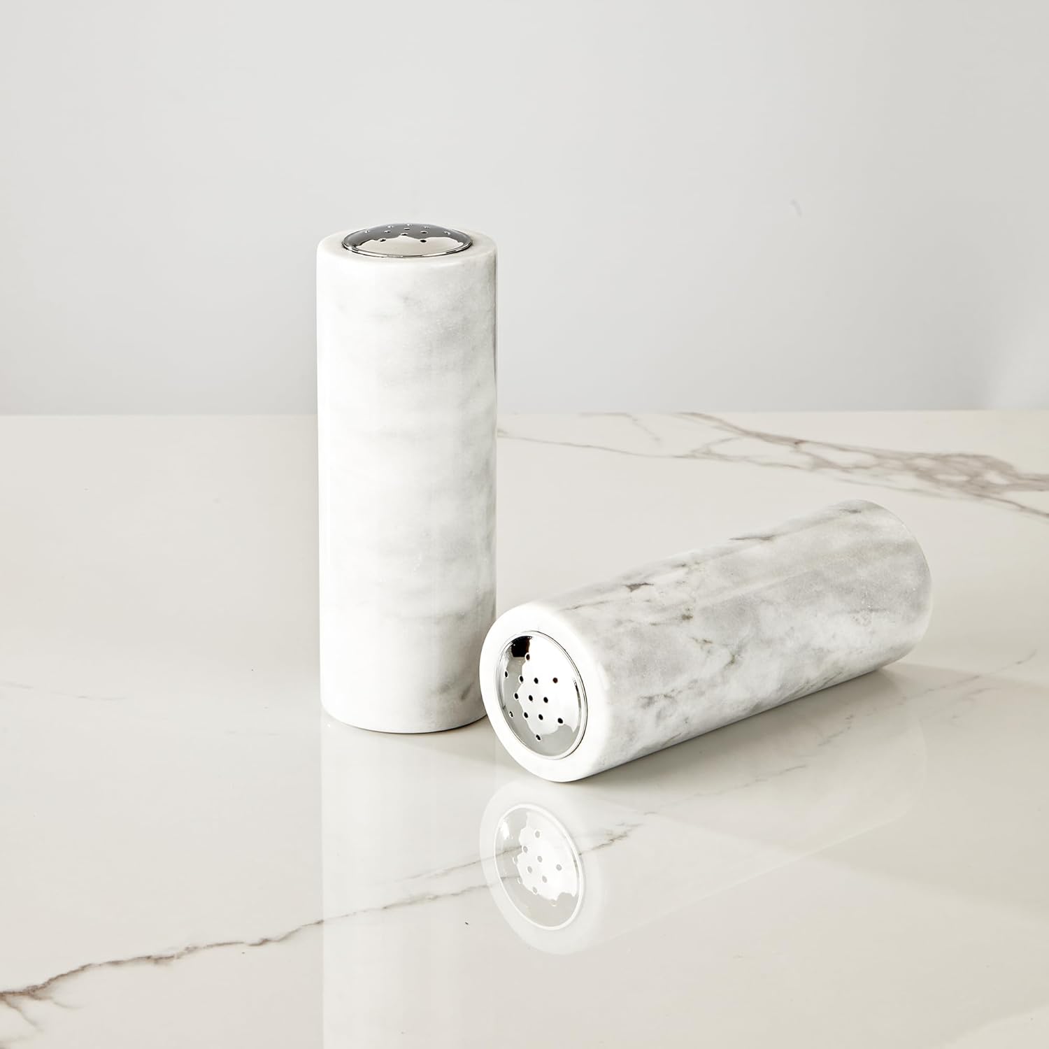 White Marble Salt Pepper Shaker Grey Veining Stainless Steel 22x22x6H