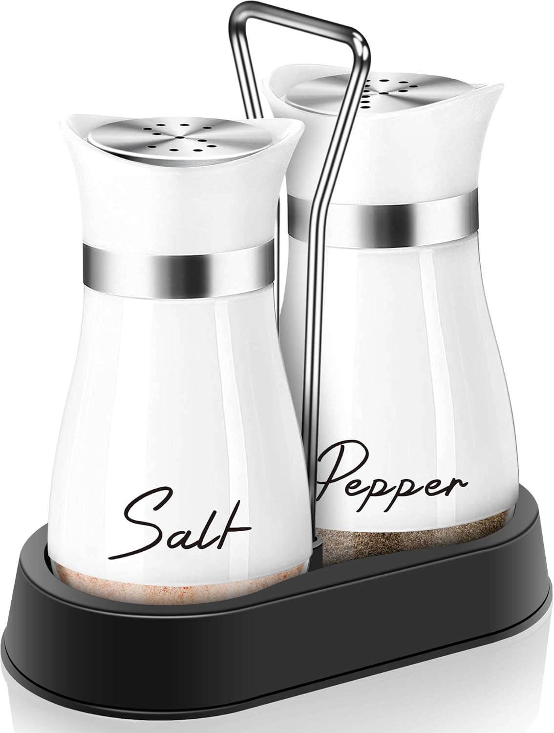 White Salt Pepper Shakers Set with Holder