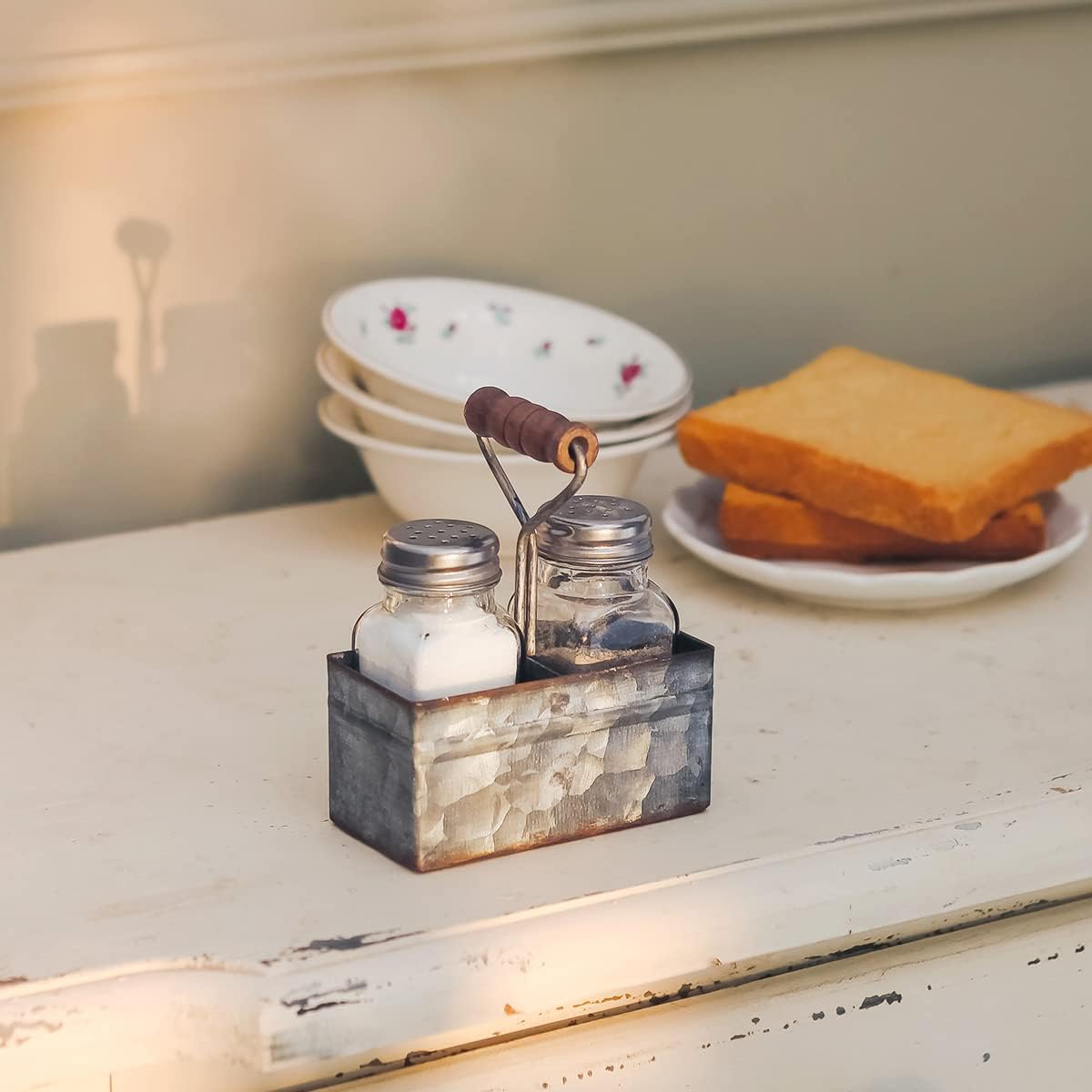 Rustic Salt Pepper Shakers Set with Holder