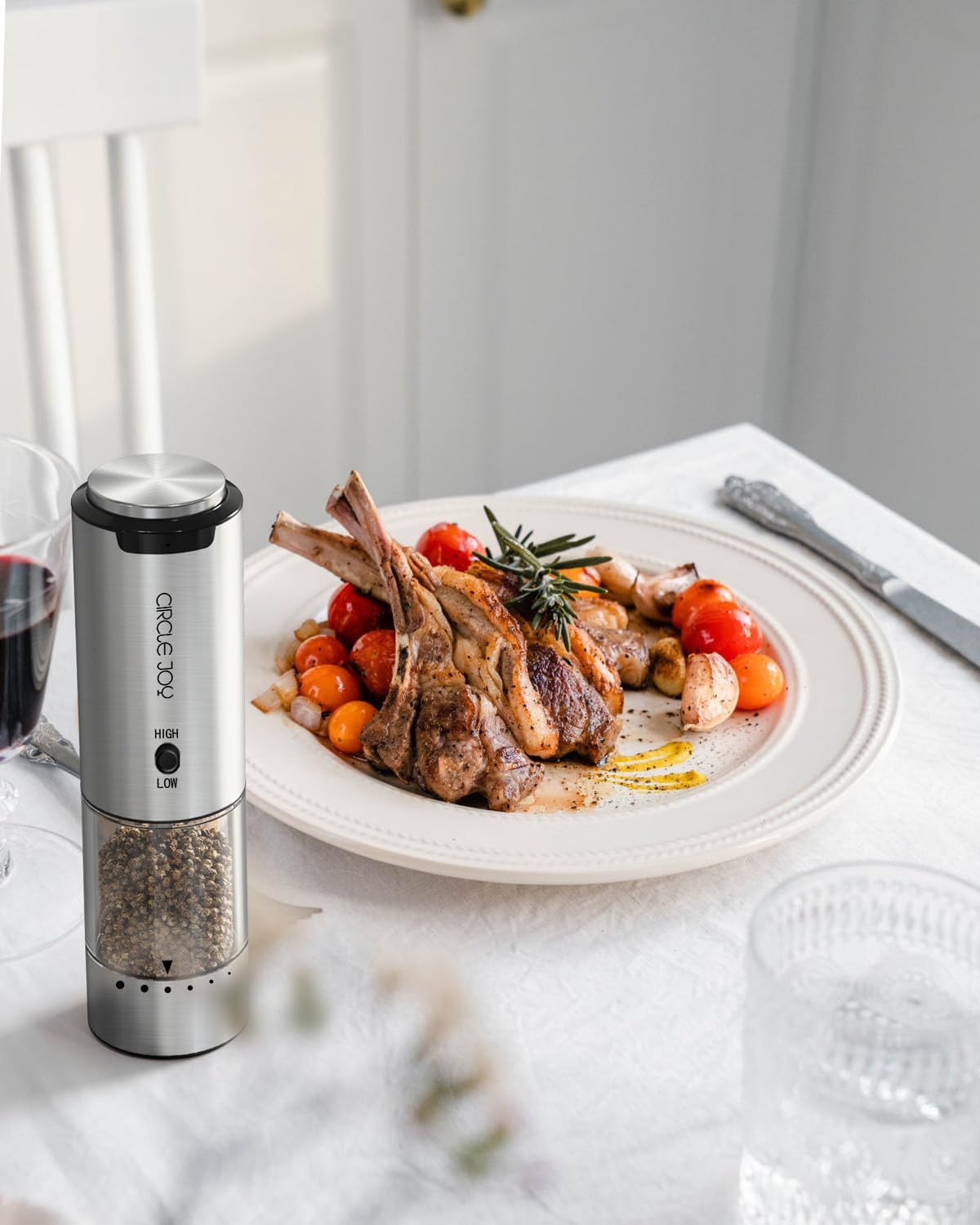 Stylish Stainless Steel Electric Pepper Grinder with Variable Speed White Light