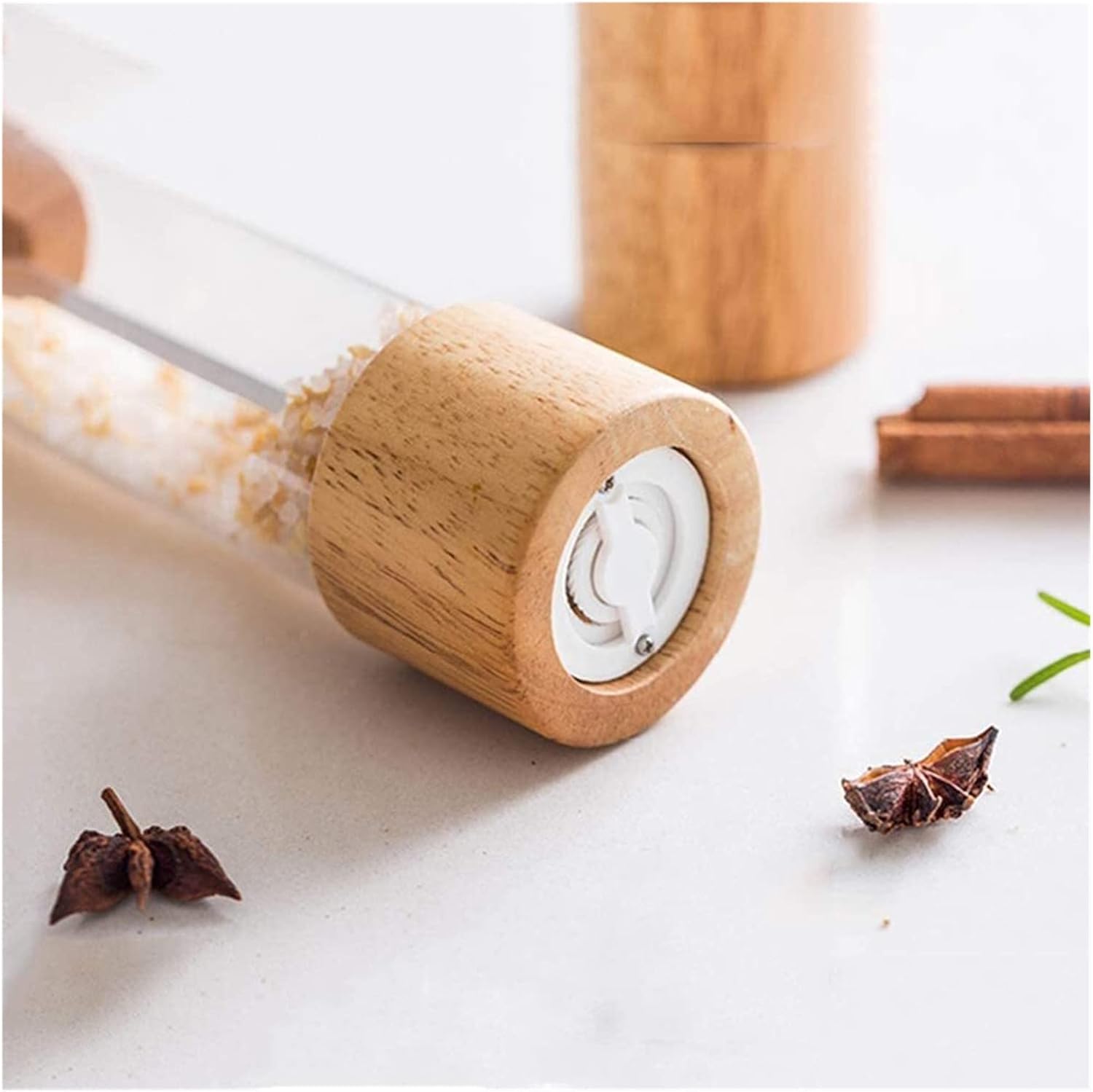 Professional Grade Wooden Salt Pepper Mill Set with Visible Window