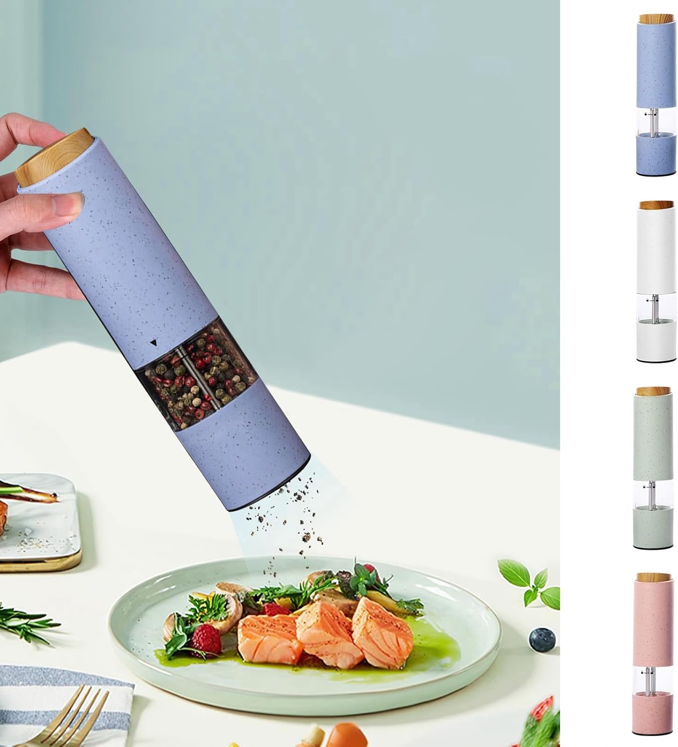 WANGJIAOID Electric Pepper Mill with LED Light Battery Powered Adjustable Coarseness