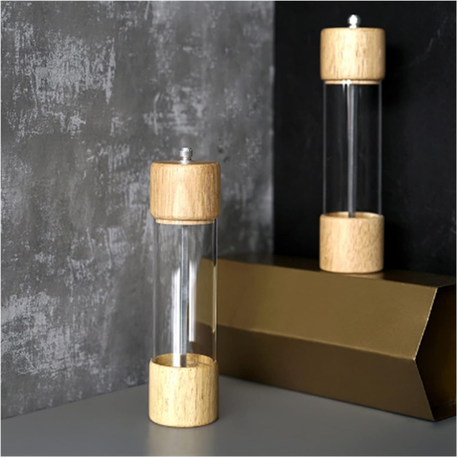 Professional Grade Wooden Salt Pepper Mill Set with Visible Window