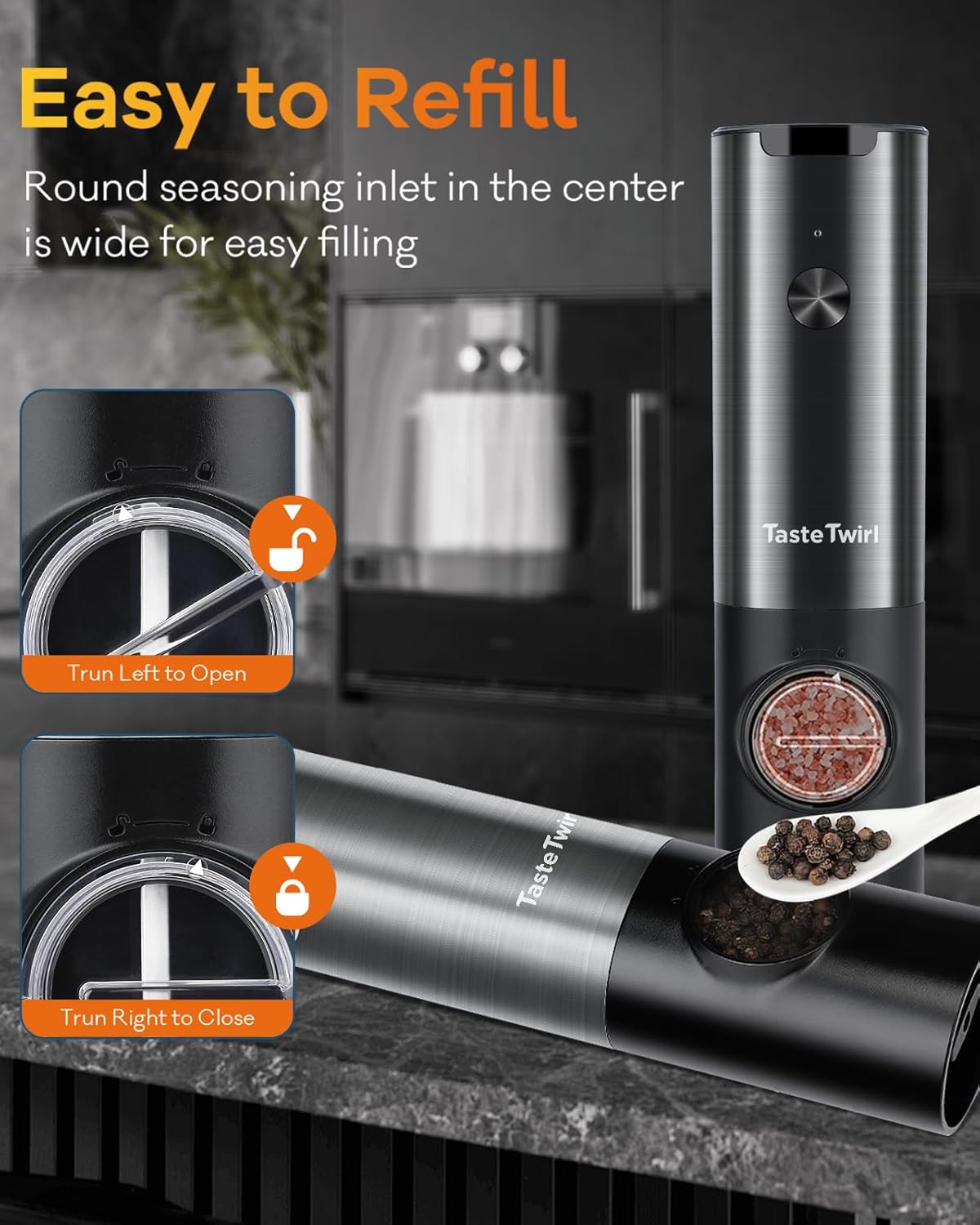 One-Handed Adjustable Coarseness Electric Salt Pepper Grinder Set