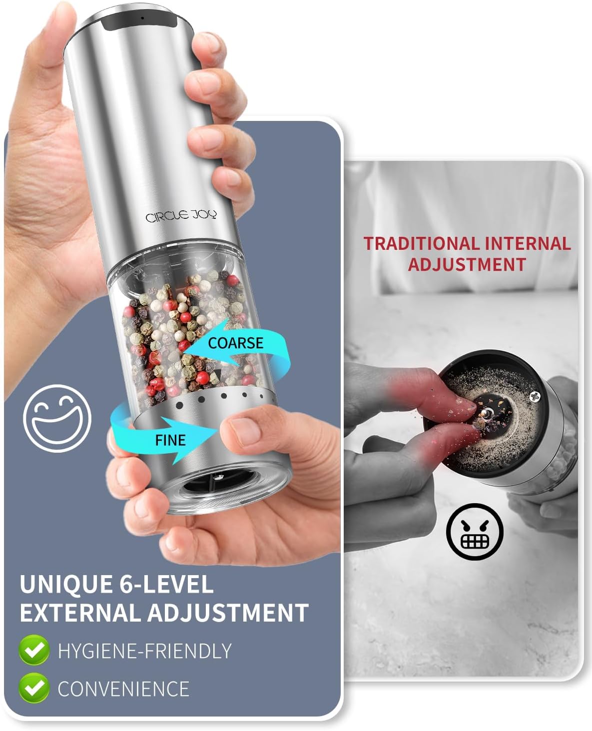 CIRCLE JOY electric pepper grinder stainless steel reusable LED light multi-spice 95ml