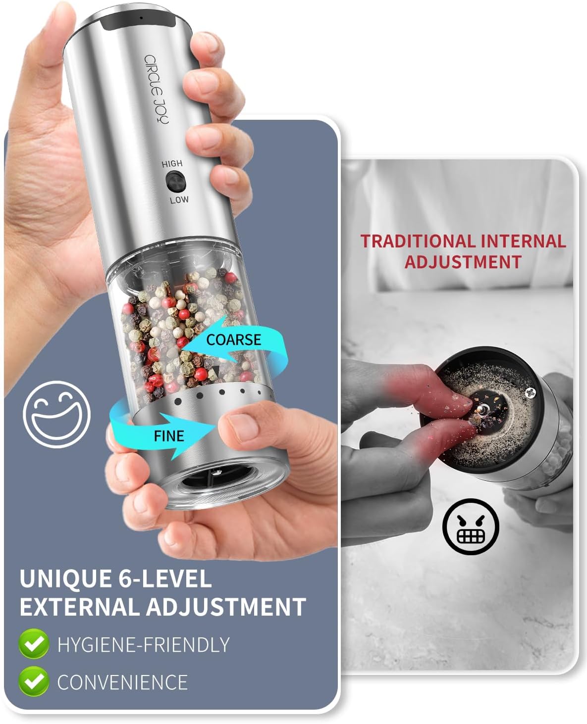 Stylish Stainless Steel Electric Pepper Grinder with Variable Speed White Light