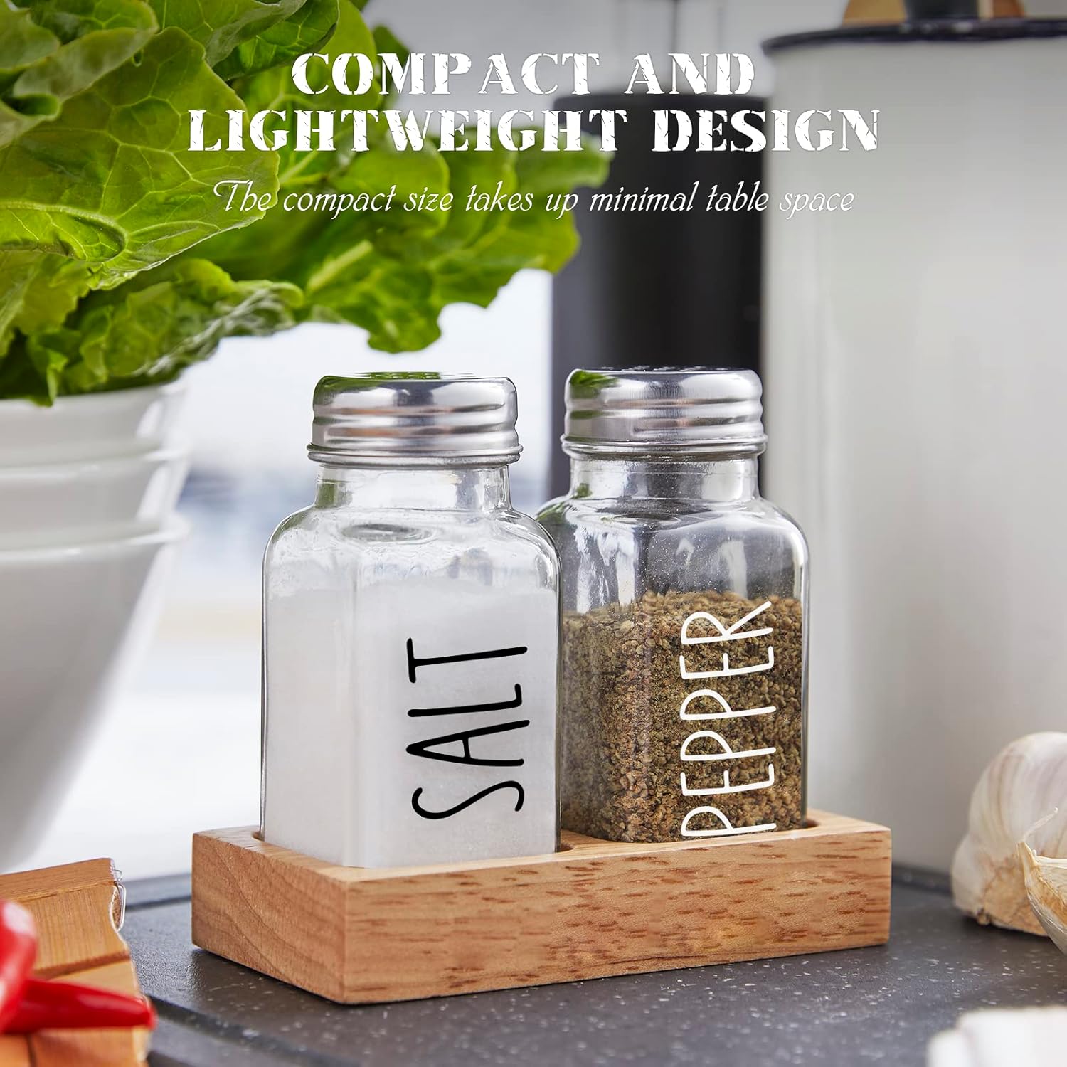 Dopeca Glass Salt and Pepper Set with Wooden Holder