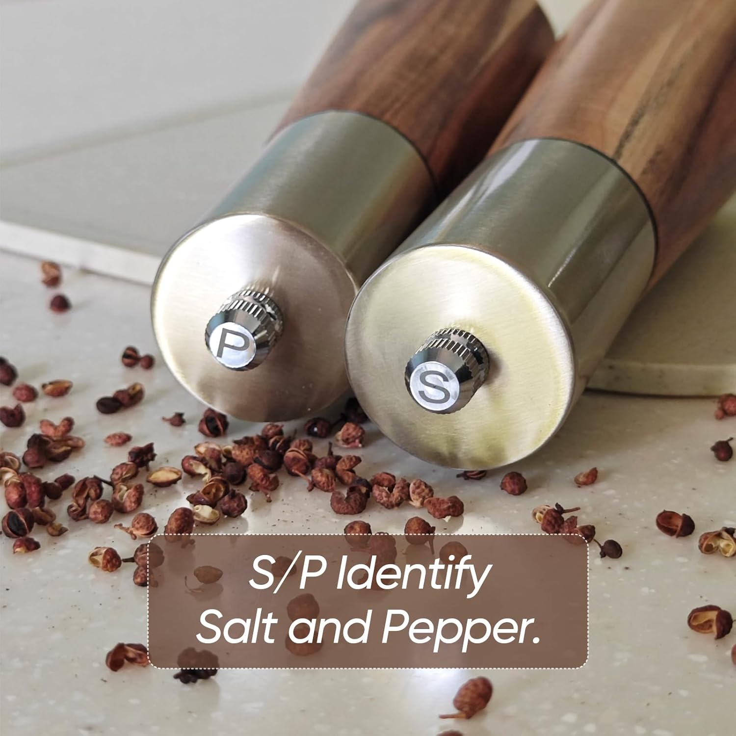 Gold and Acacia Wood Salt and Pepper Grinder Set