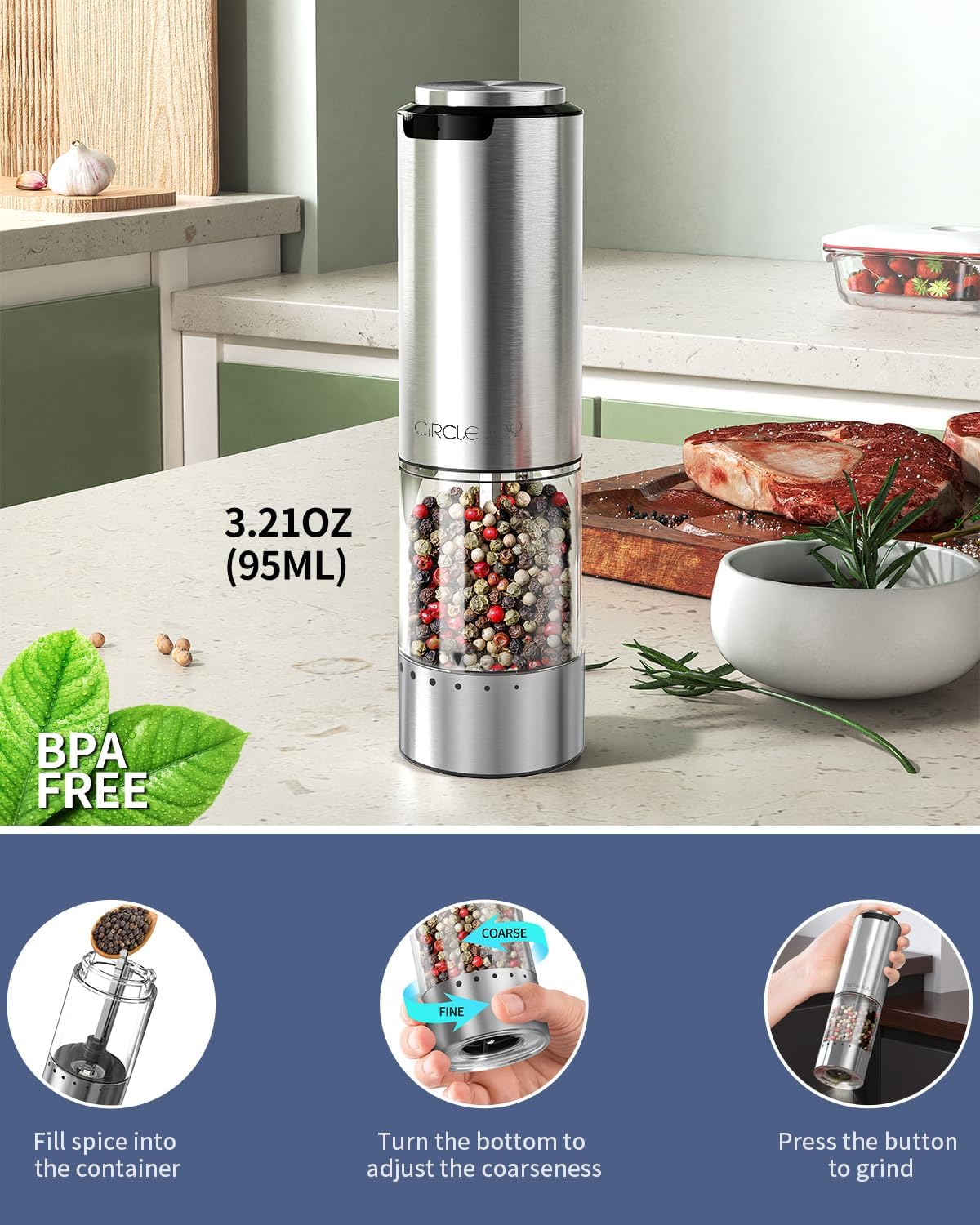 CIRCLE JOY electric pepper grinder stainless steel reusable LED light multi-spice 95ml