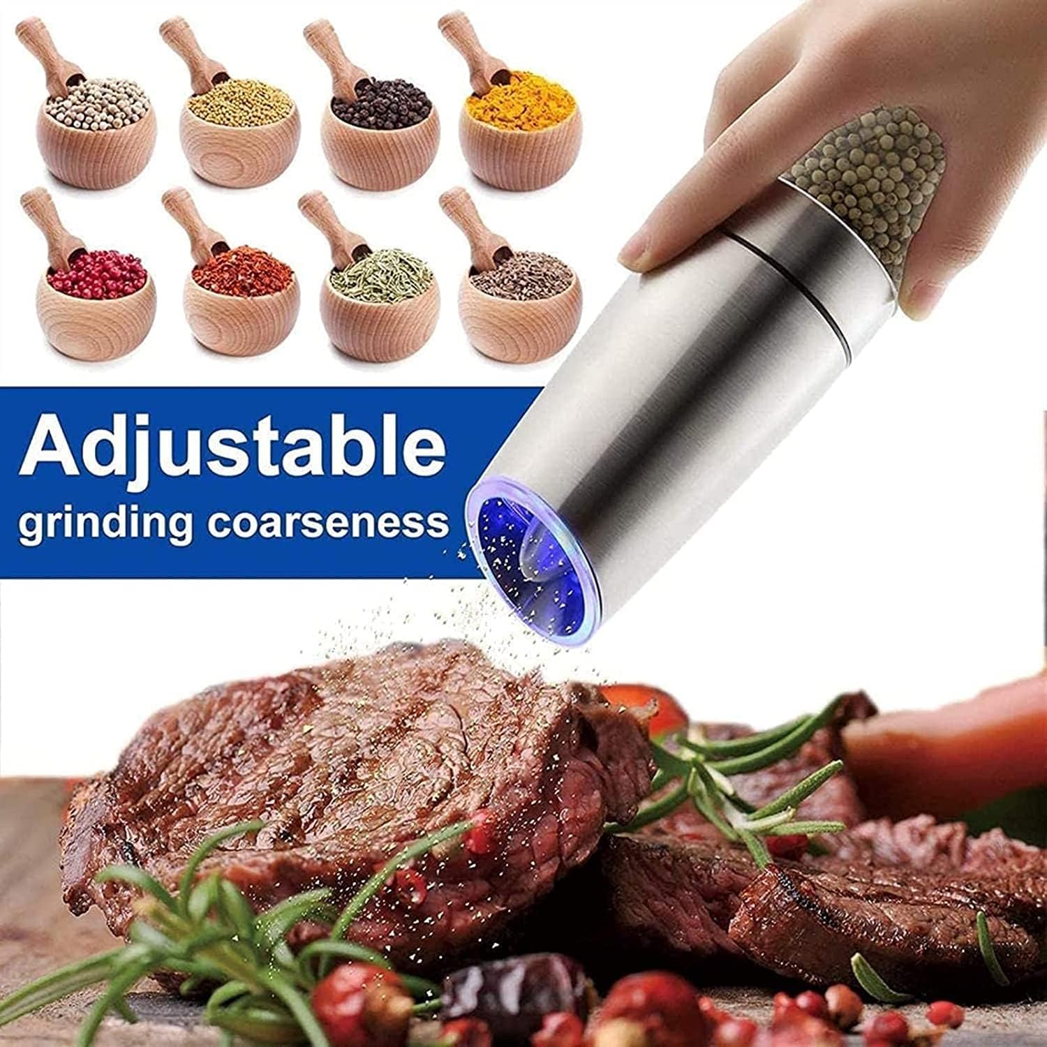 KDLK Salt and Pepper grinder set SS automatic battery-operated adjustable blue