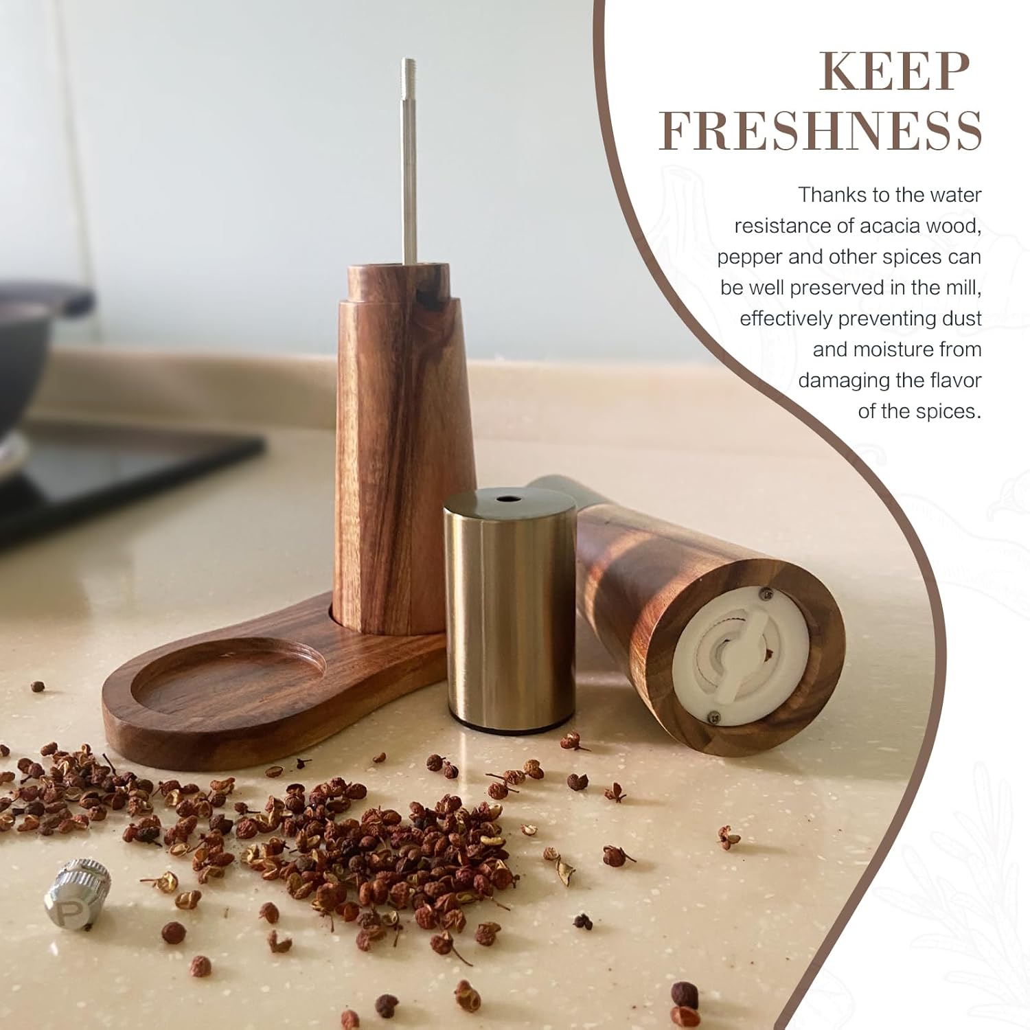 Gold and Acacia Wood Salt and Pepper Grinder Set