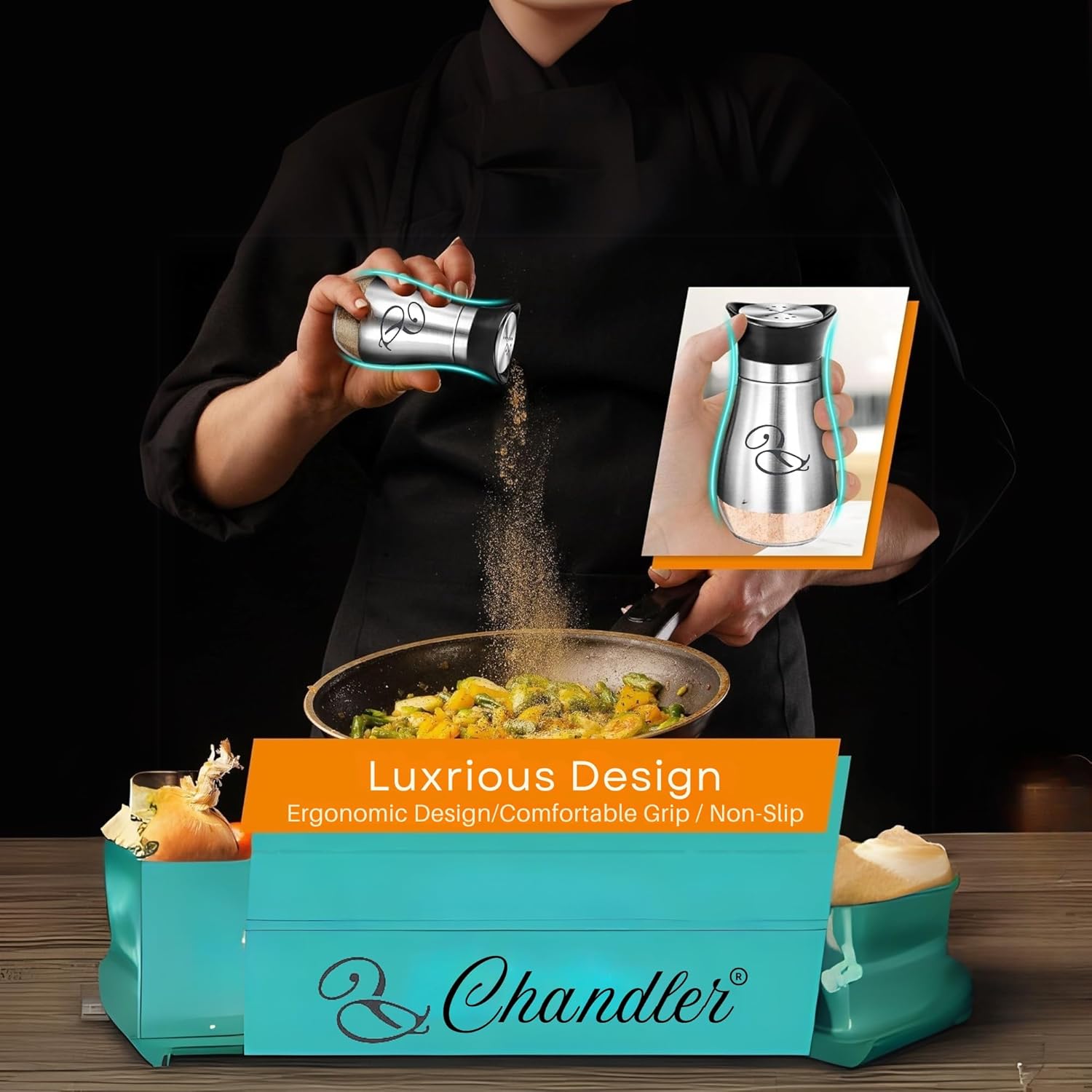 Chandler Salt and Pepper Set Stainless Steel Lid 4-ounce Glass Bottom