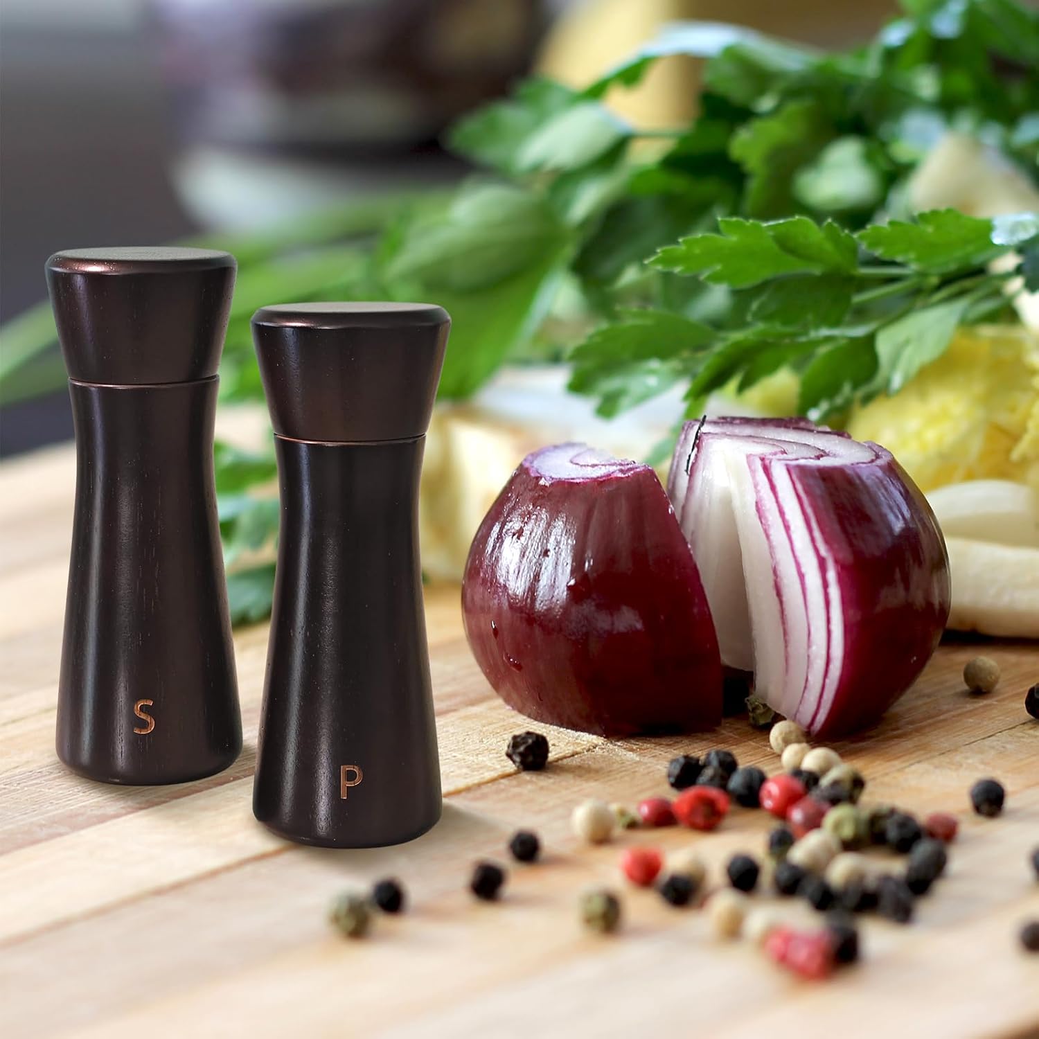 Dark Brown Wooden Salt Pepper Grinder Set - Adjustable Coarseness Ceramic 2-Pack