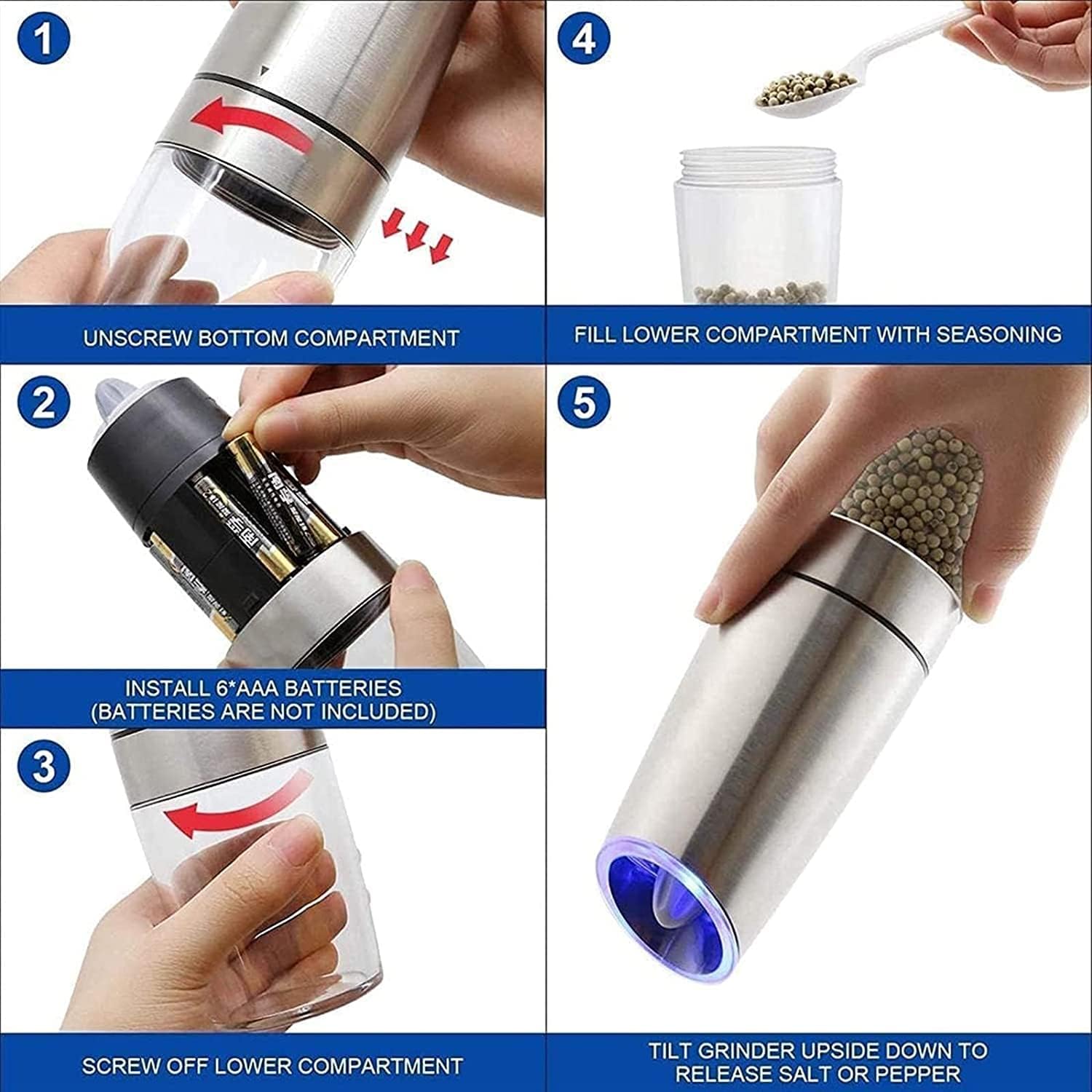 KDLK Salt and Pepper grinder set SS automatic battery-operated adjustable blue
