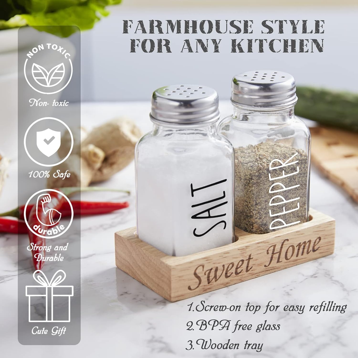 Dopeca Glass Salt and Pepper Set with Wooden Holder