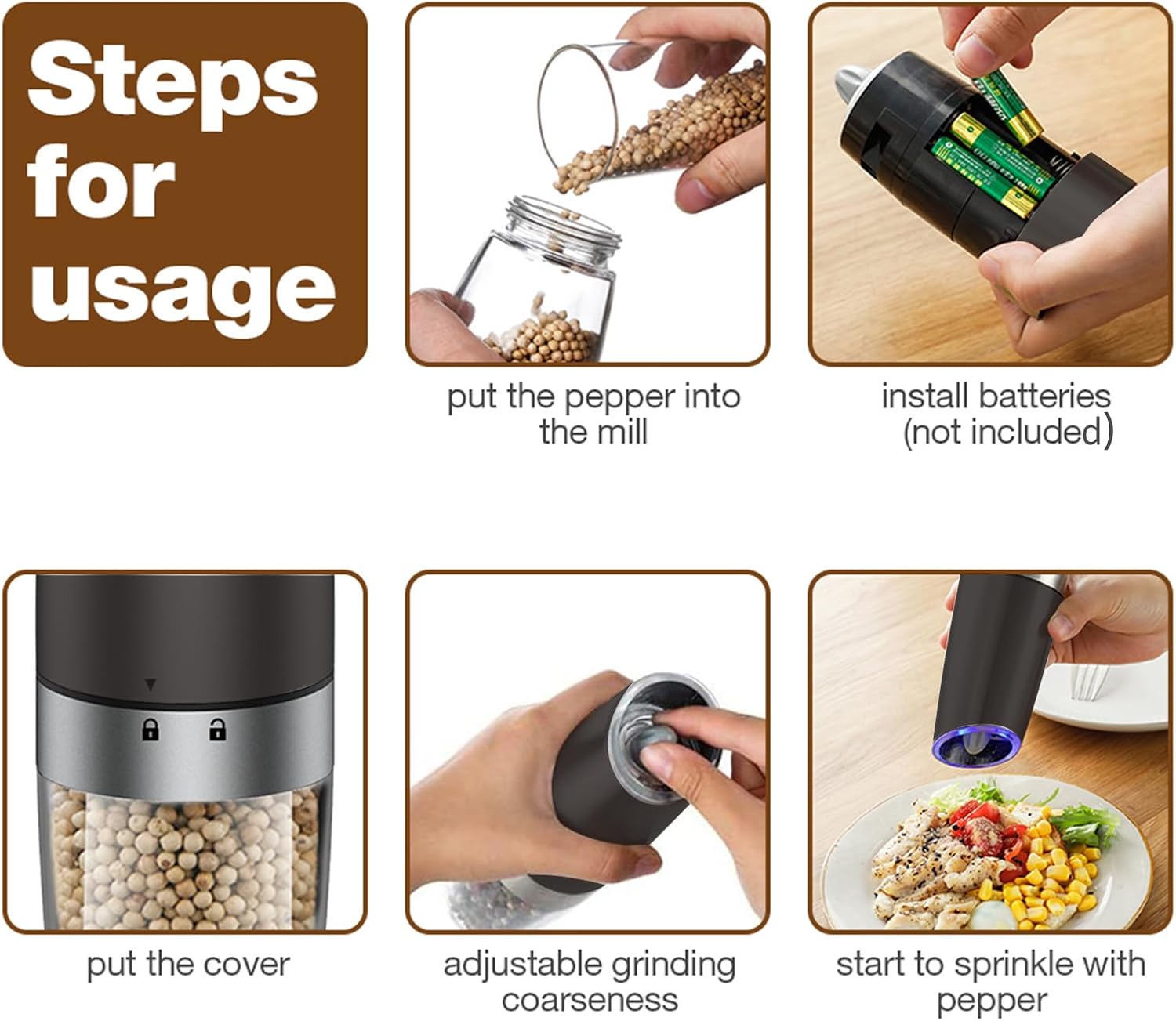 Powerful Automatic Electric Pepper and Salt Grinder Set 1 Black