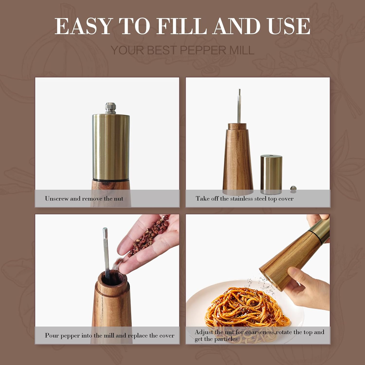 Gold and Acacia Wood Salt and Pepper Grinder Set