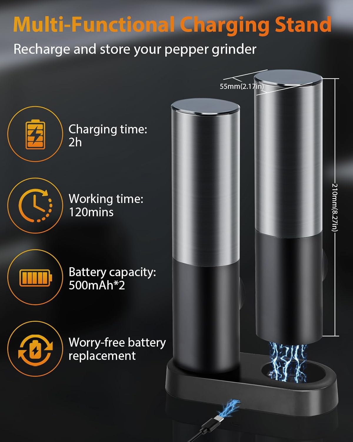 One-Handed Adjustable Coarseness Electric Salt Pepper Grinder Set