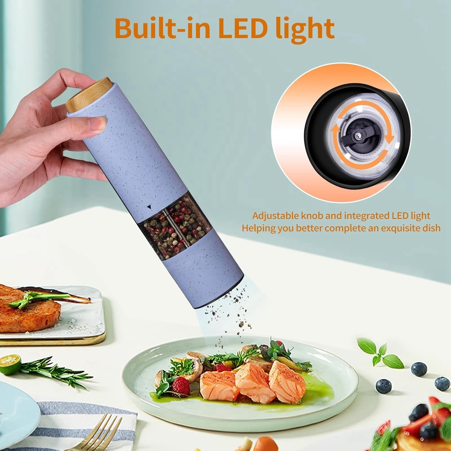 WANGJIAOID Electric Pepper Mill with LED Light Battery Powered Adjustable Coarseness