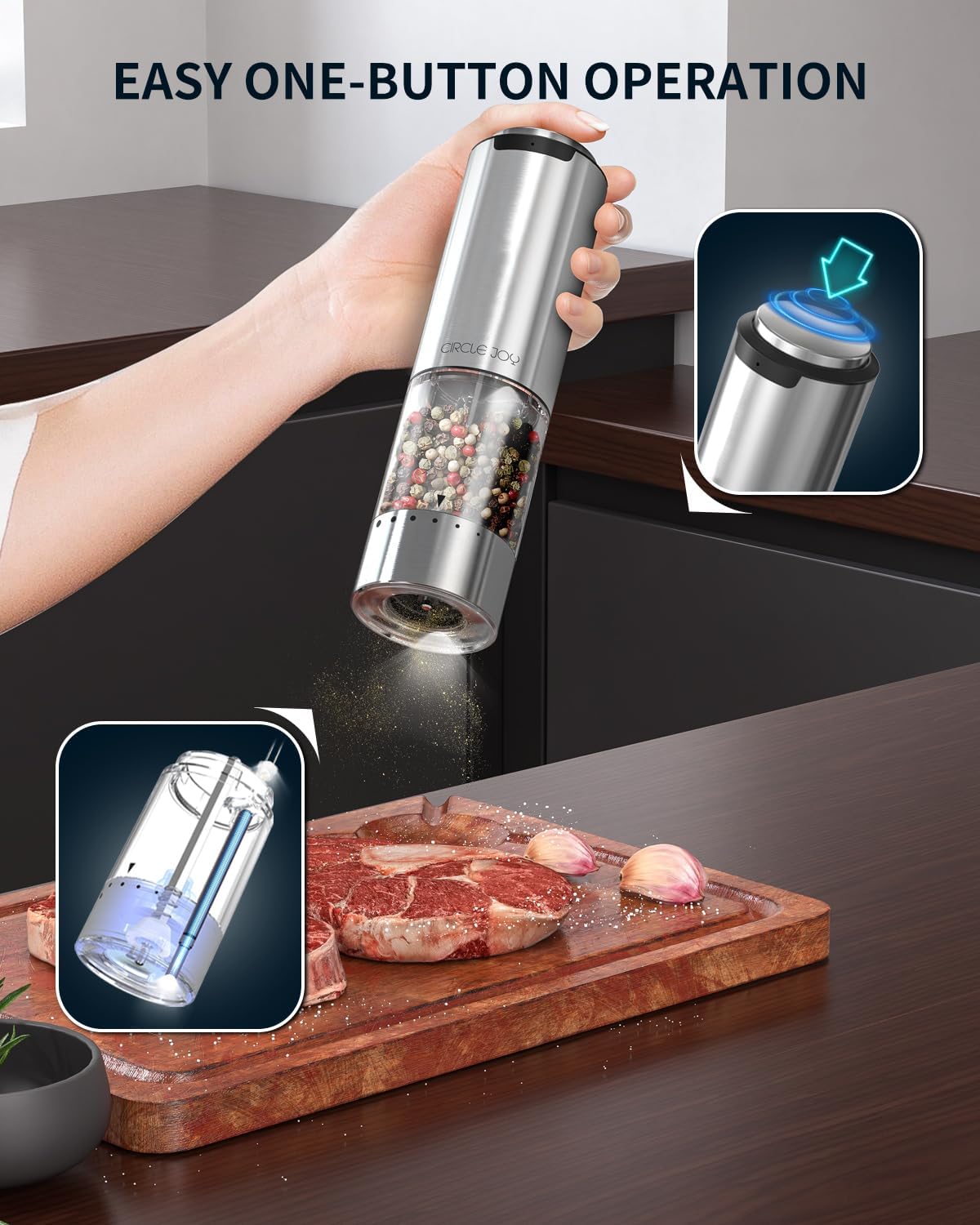CIRCLE JOY electric pepper grinder stainless steel reusable LED light multi-spice 95ml