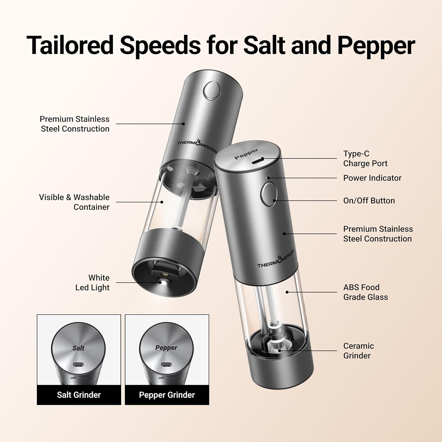 ThermoMaven Electric Salt Pepper Grinder Set 2 Packs Silver