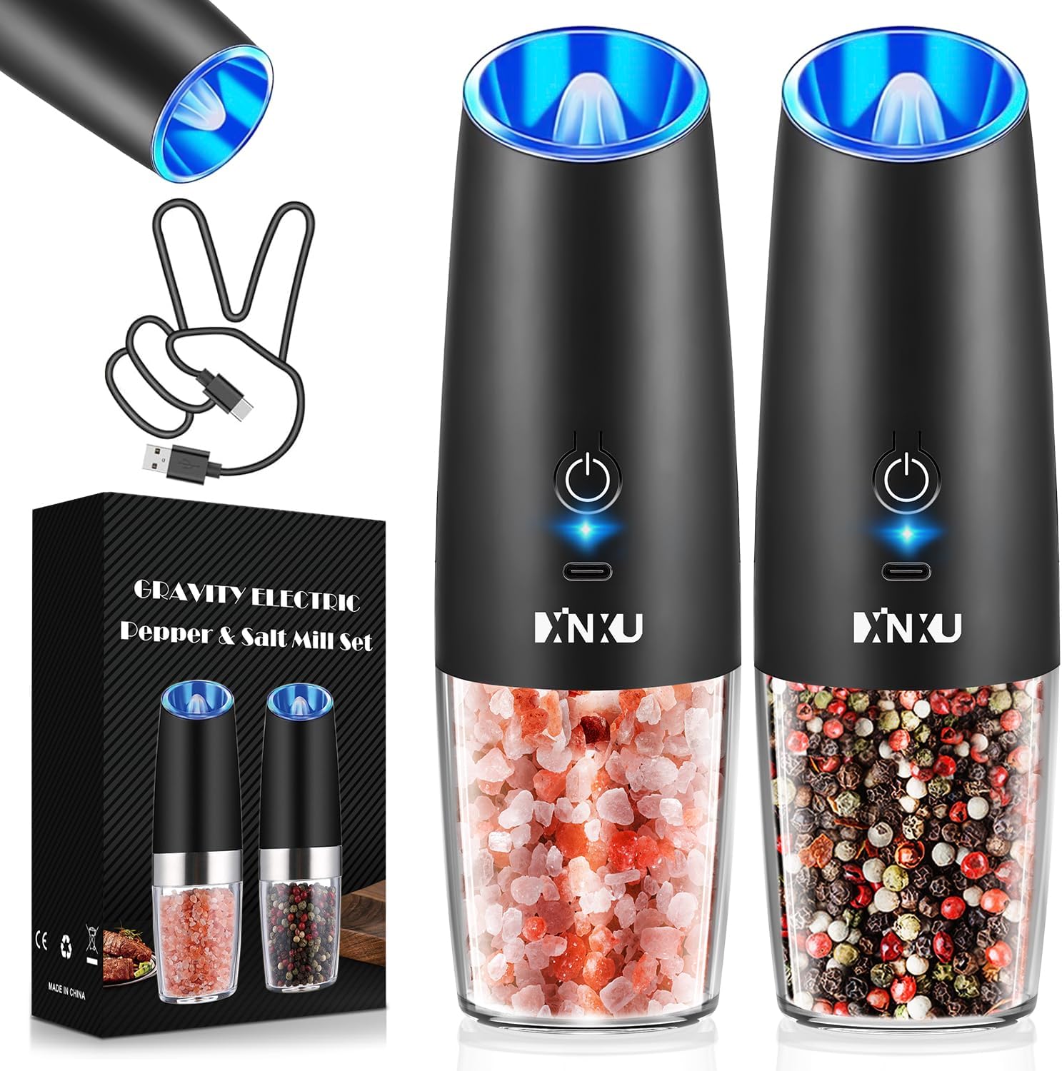 Reusable Electric Pepper Salt Grinder Set w LED Light